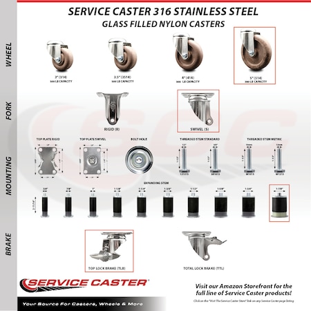 Service Caster 5 Inch 316SS High Temp Glass Filled Nylon 1-7/8 Inch Stem Caster Set Brake SCC SCC-SS316EX20S514-GFNSHT-TLB-178-4